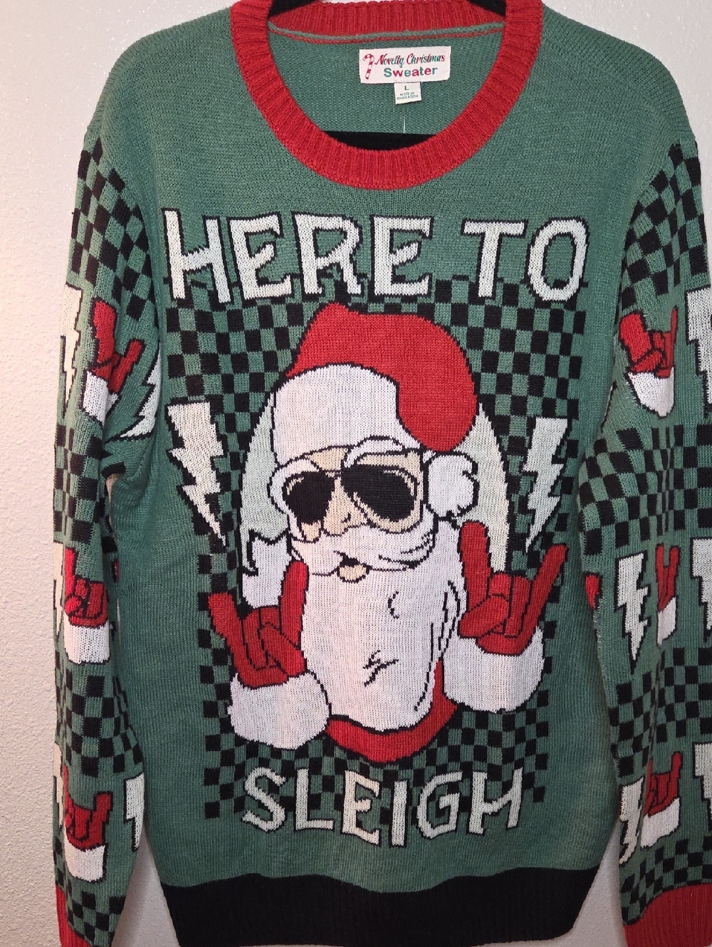 Novelty Christmas Sweater Green "Here to Sleigh" Santa Pullover